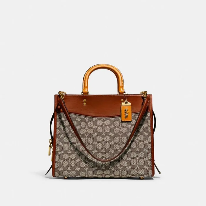 Women Satchels and Top Handles Coach Rogue In Signature Textile Jacquard Brasscocoa Burnished Amb