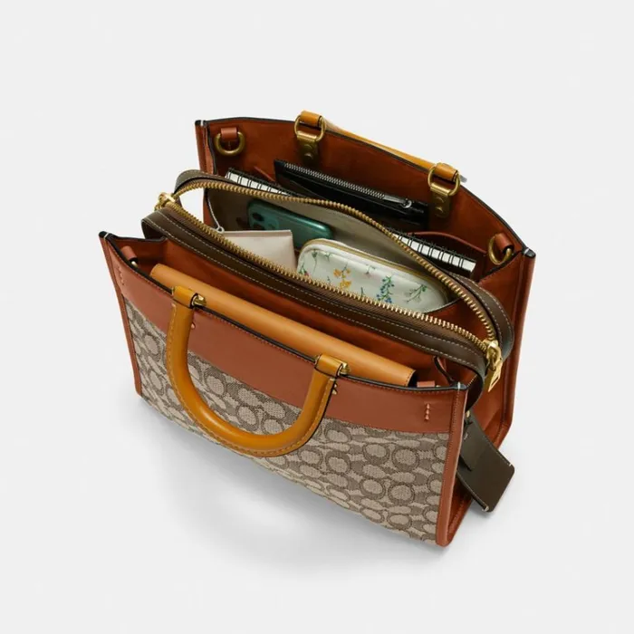 Women Satchels and Top Handles Coach Rogue In Signature Textile Jacquard Brasscocoa Burnished Amb