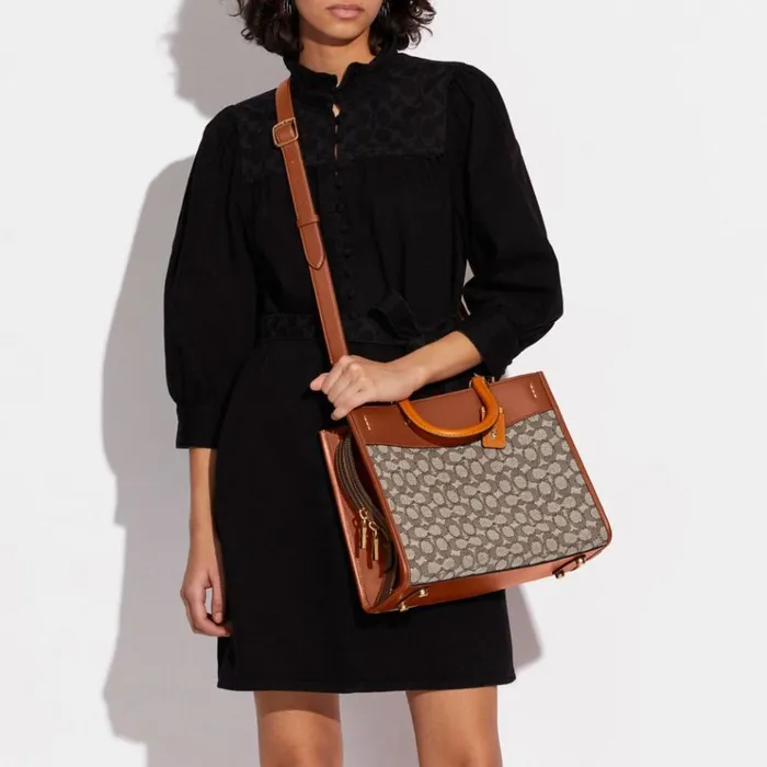 Women Satchels and Top Handles Coach Rogue In Signature Textile Jacquard Brasscocoa Burnished Amb