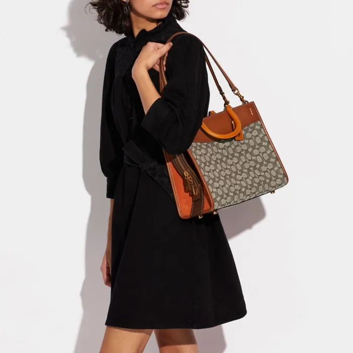 Women Satchels and Top Handles Coach Rogue In Signature Textile Jacquard Brasscocoa Burnished Amb