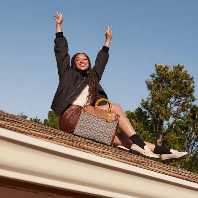 Women Satchels and Top Handles Coach Rogue In Signature Textile Jacquard Brasscocoa Burnished Amb