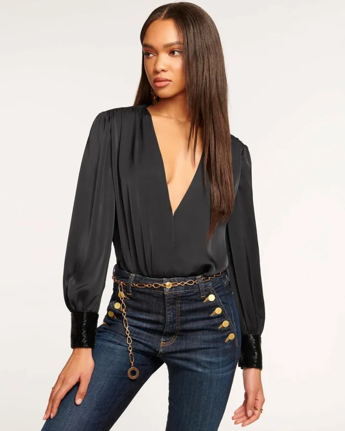 Women Selena Embellished VNeck Bodysuit Ivory Ramy Brook Tops