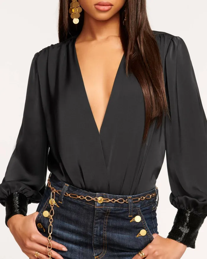 Women Selena Embellished VNeck Bodysuit Ivory Ramy Brook Tops Women Selena Embellished VNeck Bodysuit Ivory Ramy Brook Tops