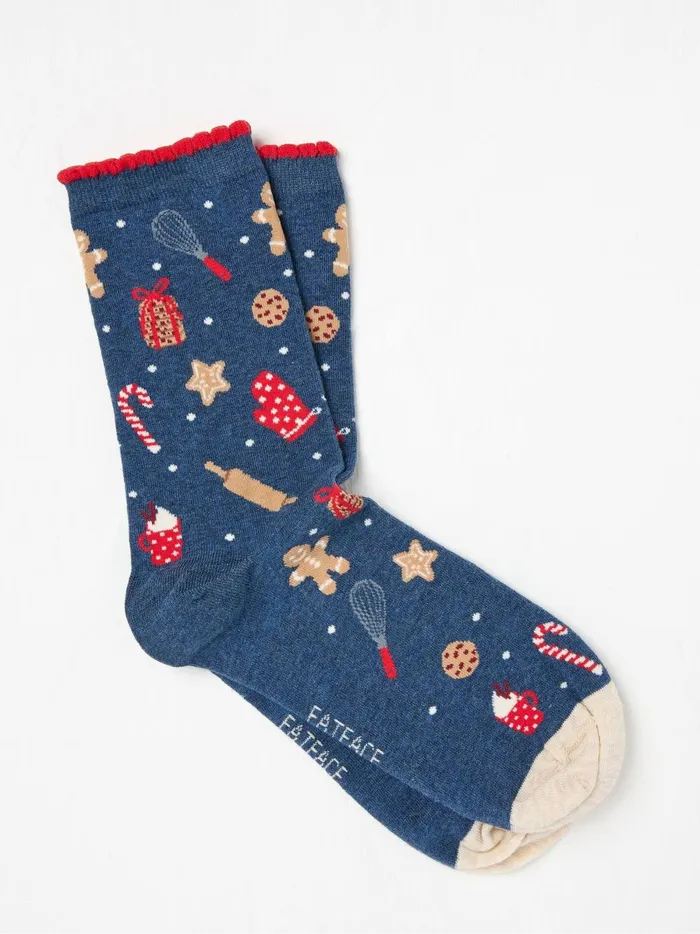 Women Socks and Tights Fat Face Blue Navy Christmas Baking Socks 1 Pack