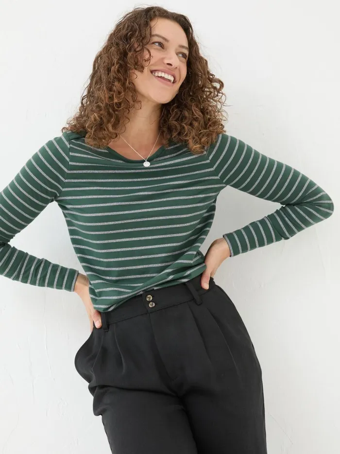Women Tops and TShirts Fat Face Dark Teal Sparkle Breton TShirt