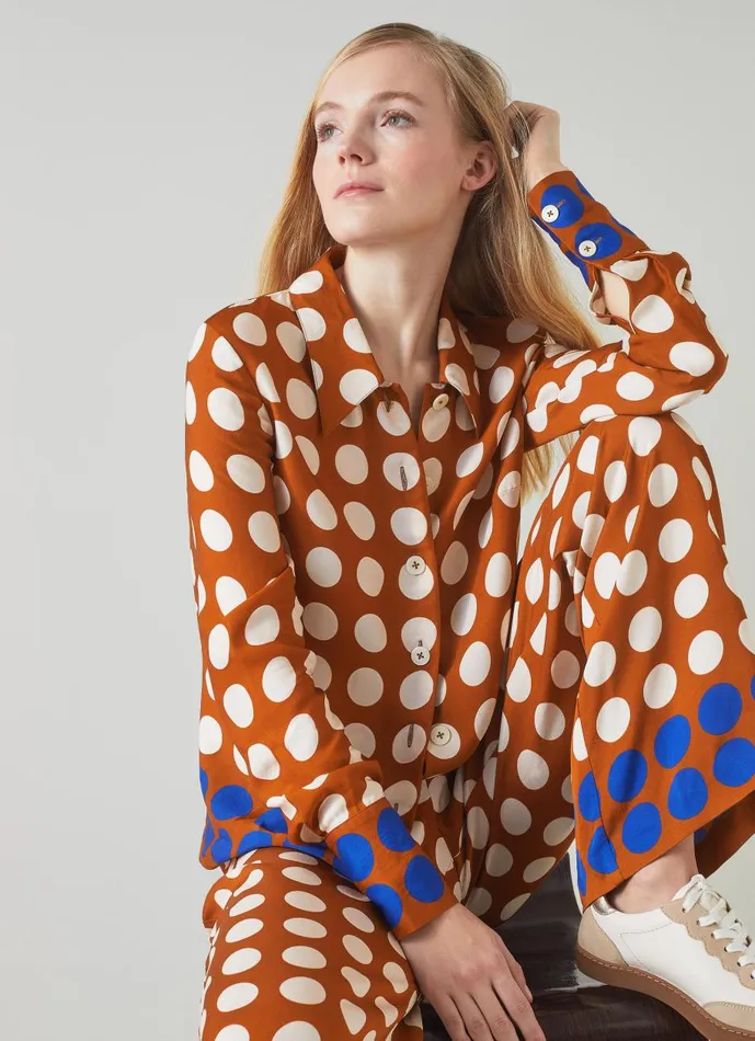 Women Tops LKBennett Elise Caramel Cream And Blue Graphic Spot Shirt Multi