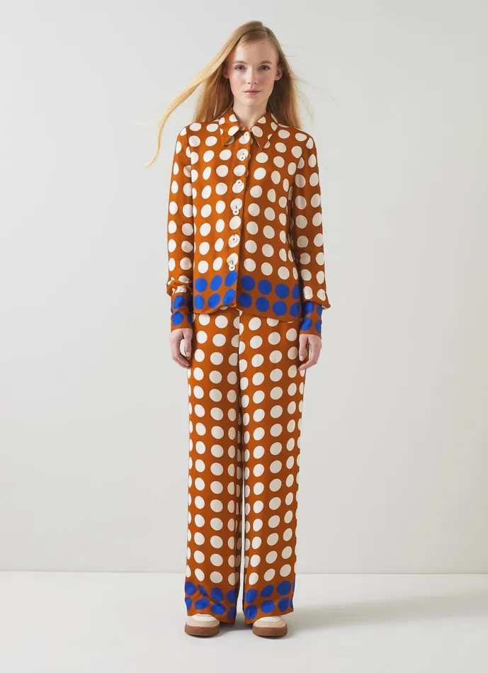 Women Tops LKBennett Elise Caramel Cream And Blue Graphic Spot Shirt Multi