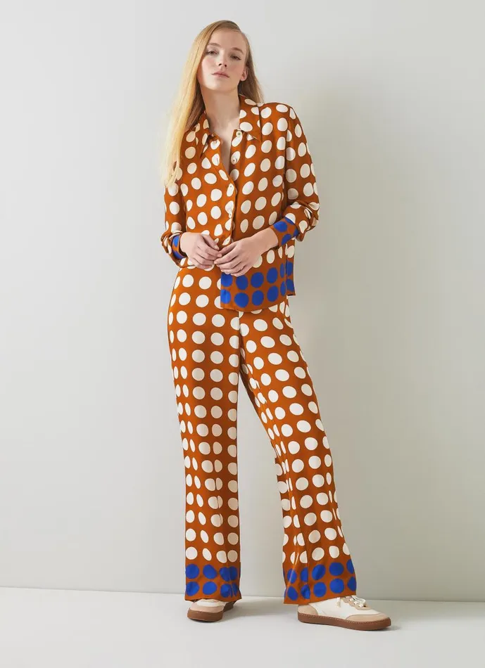 Women Tops LKBennett Elise Caramel Cream And Blue Graphic Spot Shirt Multi