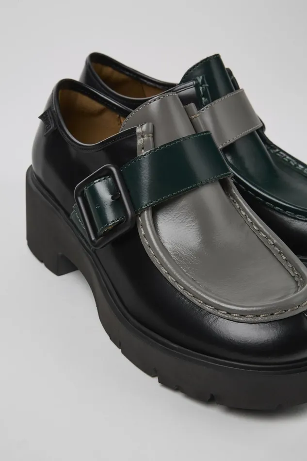 Women Twins Black And Gray Leather Loafers Camper Casual Shoes