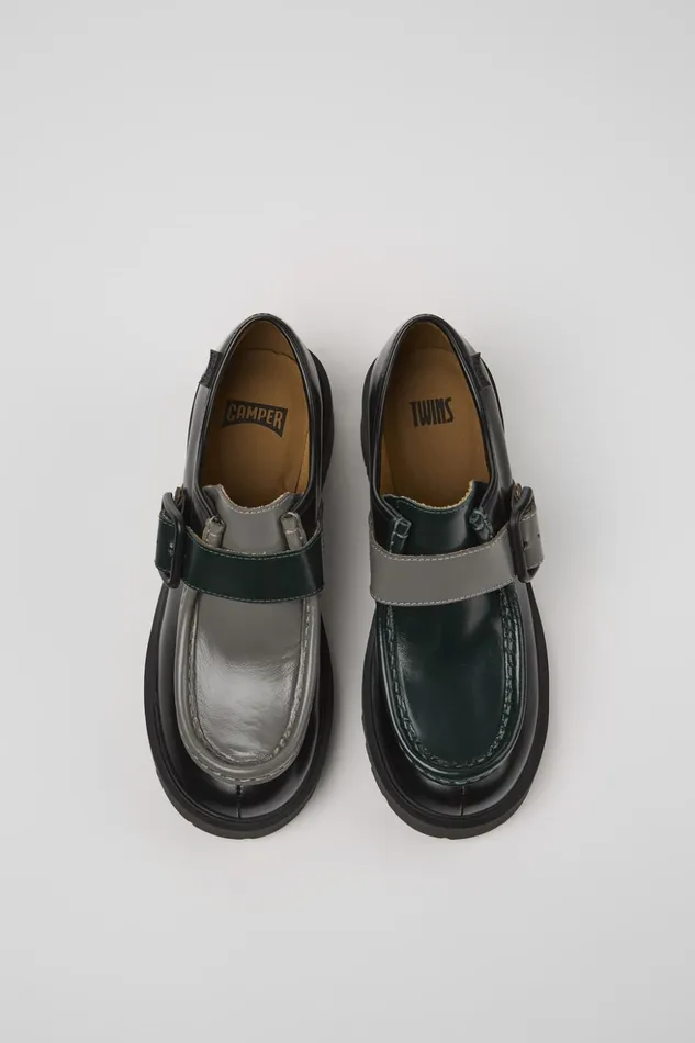 Women Twins Black And Gray Leather Loafers Camper Casual Shoes Women Twins Black And Gray Leather Loafers Camper Casual Shoes
