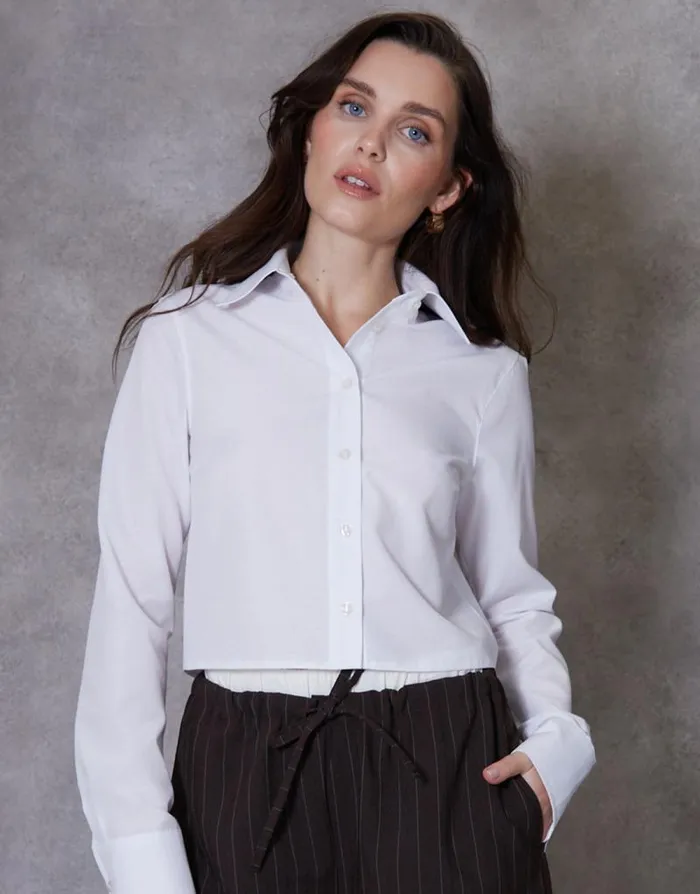 Women White Long Sleeve Cropped Shirt Threadbare Shirts