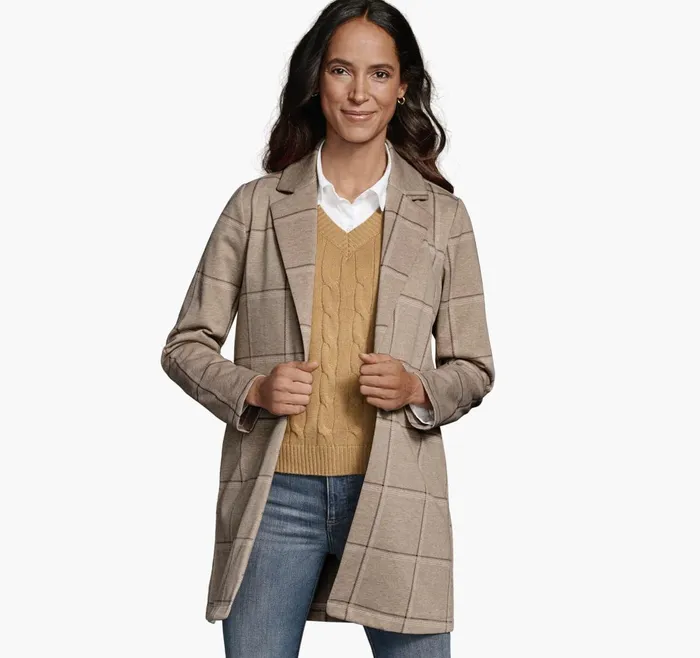 Women Windowpane Knit Blazer Tan JohnstonandMurphy Shirts Sweaters and Blazers