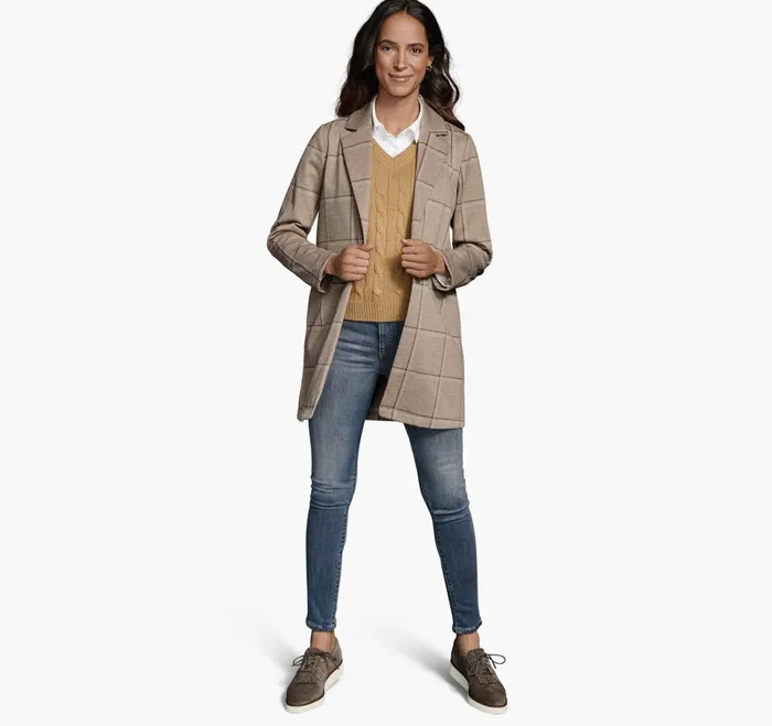 Women Windowpane Knit Blazer Tan JohnstonandMurphy Shirts Sweaters and Blazers Women Windowpane Knit Blazer Tan JohnstonandMurphy Shirts Sweaters and Blazers
