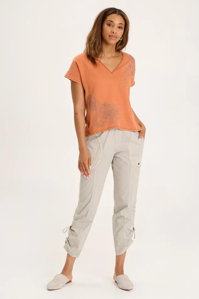 XCVI Jolina Twill VNeck Embroidered Tee Women ShirtsBlouses