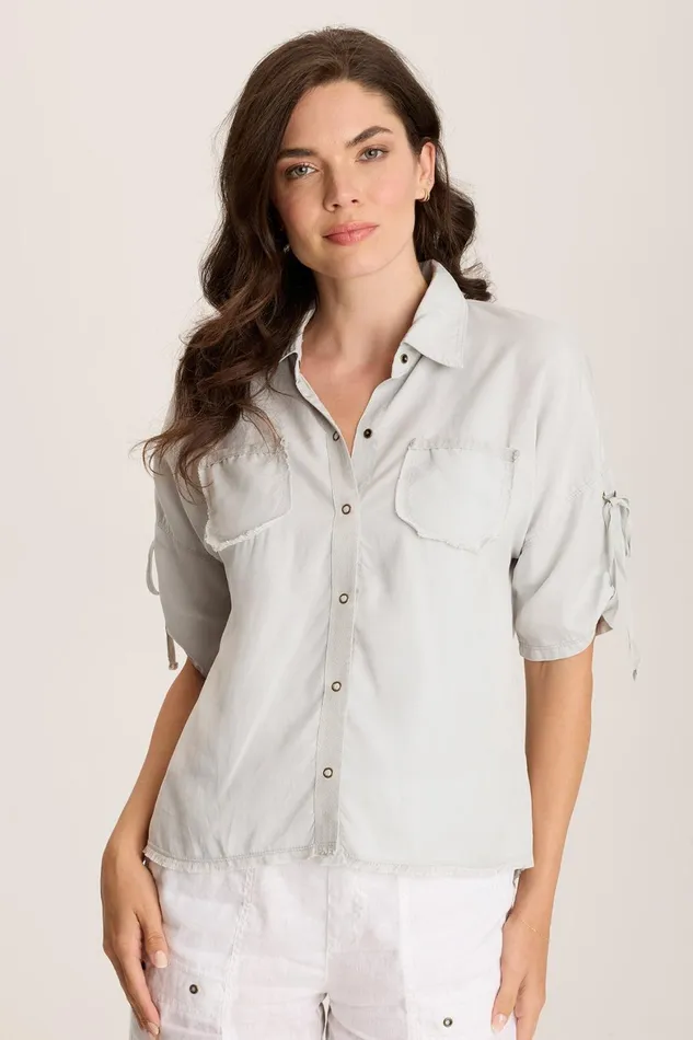 XCVI Vinton Twill Jersey ButtonUp Collared Top Women ShirtsBlouses