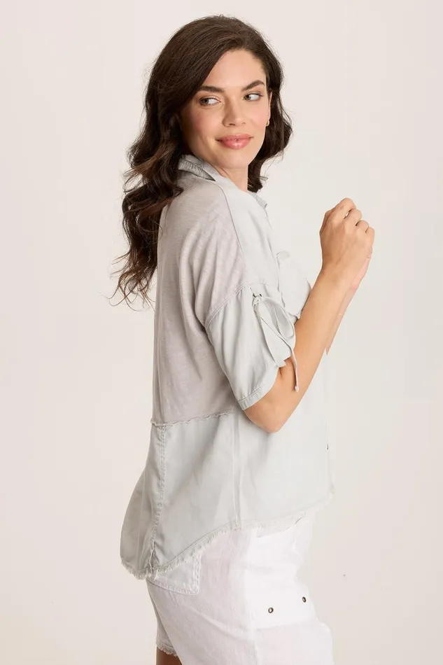 XCVI Vinton Twill Jersey ButtonUp Collared Top Women ShirtsBlouses
