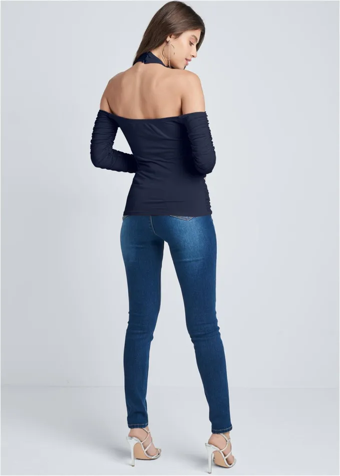 ZIP UP RUCHED VNECK TOP Black Women VENUS Night Out Tops ZIP UP RUCHED VNECK TOP Black Women VENUS Night Out Tops