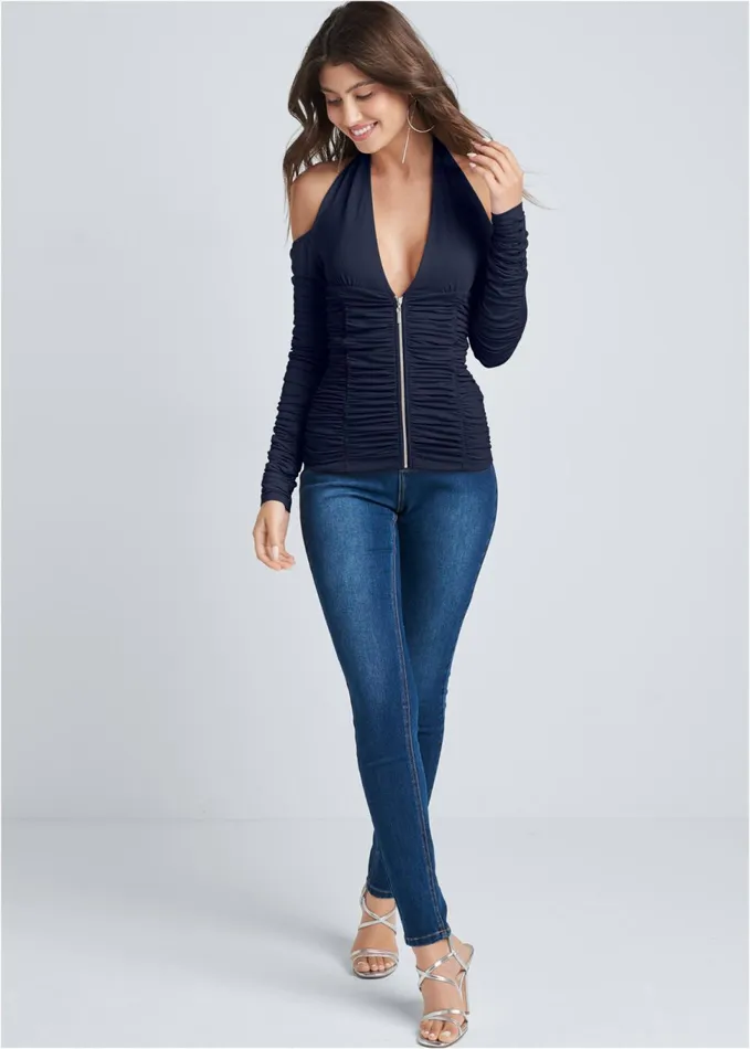 ZIP UP RUCHED VNECK TOP Black Women VENUS Night Out Tops ZIP UP RUCHED VNECK TOP Black Women VENUS Night Out Tops