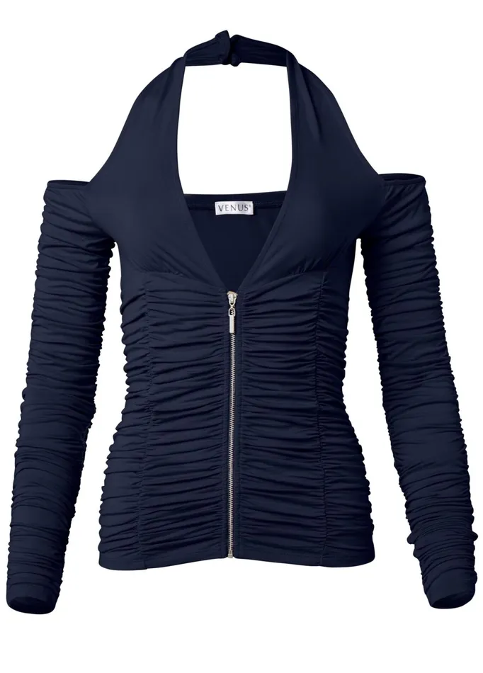 ZIP UP RUCHED VNECK TOP Black Women VENUS Night Out Tops ZIP UP RUCHED VNECK TOP Black Women VENUS Night Out Tops