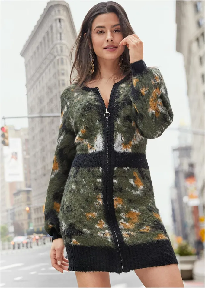 ZIP UP SWEATER DRESS Olive Multi Women VENUS Short Dresses